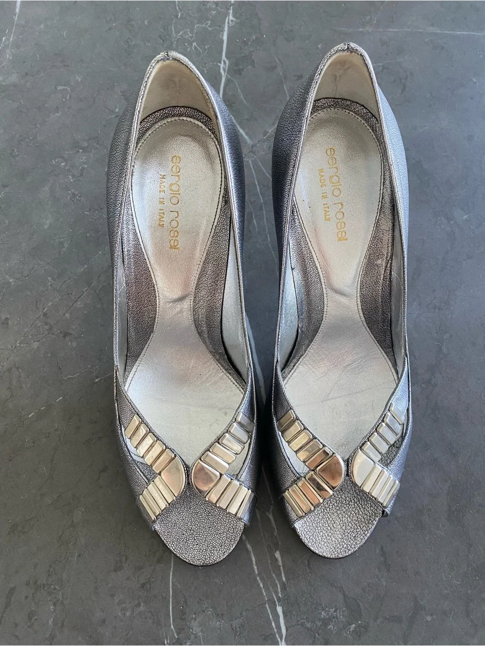 Sergio Rossi Silver Metallic Peep-Toe Heels